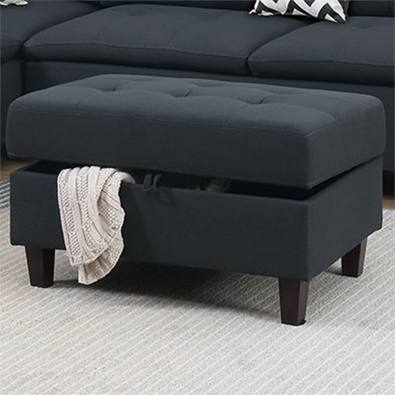 Poundex 3 Piece Fabric Sectional Sofa Set with Storage Ottoman in Black