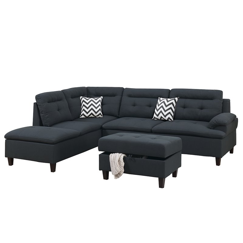 Poundex 3 Piece Fabric Sectional Sofa Set with Storage Ottoman in Black