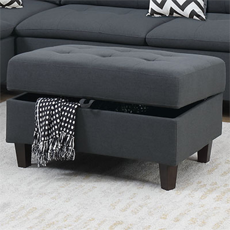 Poundex 3 Piece Fabric Sectional Sofa Set with Storage Ottoman in Charcoal Gray