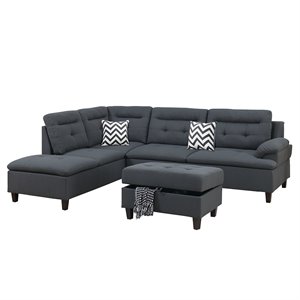 Poundex 3 Piece Fabric Sectional Sofa Set with Storage Ottoman in Charcoal Gray