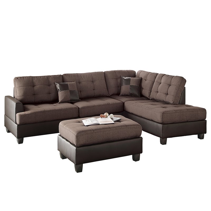 Poundex 3 Piece Fabric Sectional Sofa Set with Ottoman in Chocolate Color