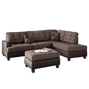 Poundex 3 Piece Fabric Sectional Sofa Set with Ottoman in Chocolate Color