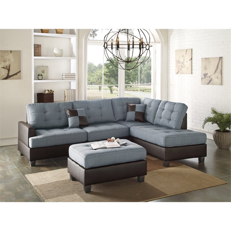 Poundex 3 Piece Fabric Sectional Sofa Set with Ottoman in Gray Color