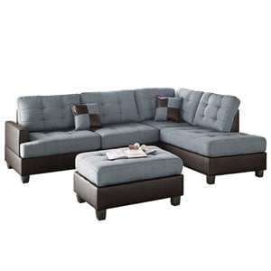 Poundex 3 Piece Fabric Sectional Sofa Set with Ottoman in Gray Color