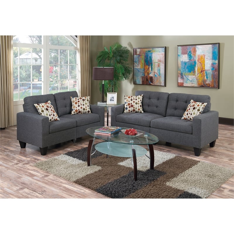Poundex Furniture 2 Piece Fabric Sofa Loveseat Set in Blue Gray Color