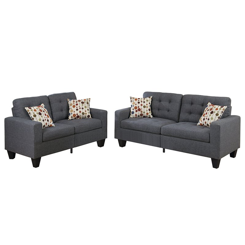 Poundex Furniture 2 Piece Fabric Sofa Loveseat Set in Blue Gray Color