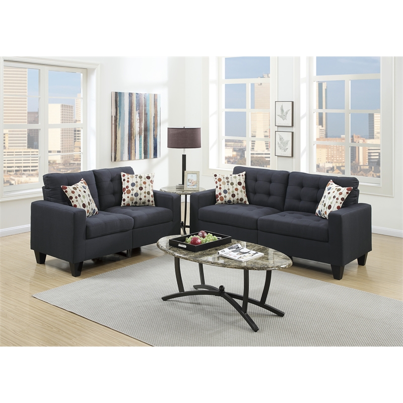 Poundex Furniture 2 Piece Fabric Sofa Loveseat Set in Black Color