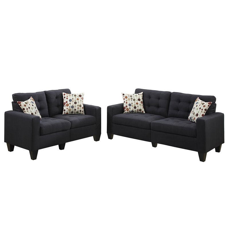 Poundex Furniture 2 Piece Fabric Sofa Loveseat Set in Black Color