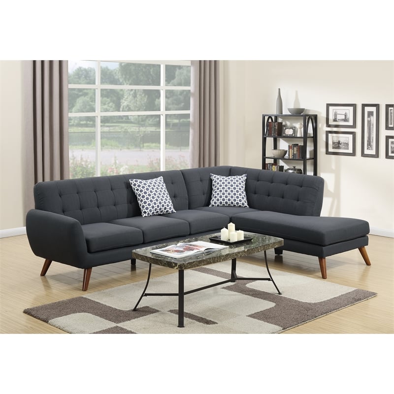 Poundex Furniture 2 Piece Fabric Sectional Sofa Set in Ash Black