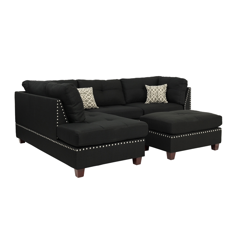Poundex 3 Piece Fabric Sectional Sofa Set with Ottoman in Black