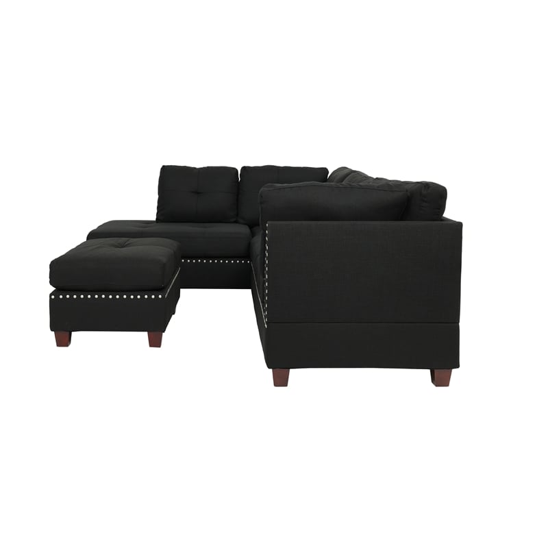 Poundex 3 Piece Fabric Sectional Sofa Set with Ottoman in Black