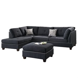 Poundex 3 Piece Fabric Sectional Sofa Set with Ottoman in Black