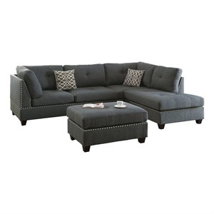 Poundex 3 Piece Fabric Sectional Sofa Set with Ottoman in Blue Gray