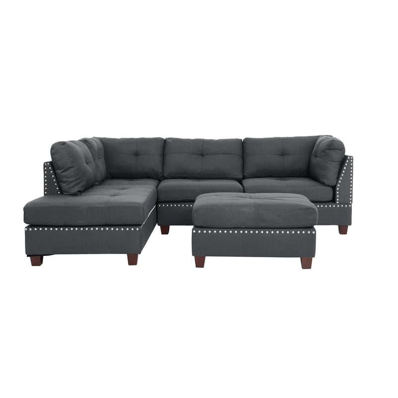 Poundex 3 Piece Fabric Sectional Sofa Set with Ottoman in Blue Gray