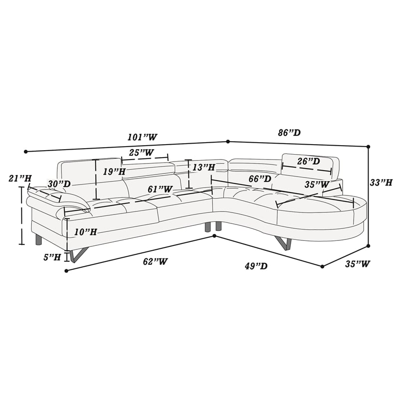 Poundex Furniture 2 Piece Faux Leather Sectional in Light Gray