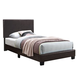 Poundex Furniture Twin Faux Leather Bed Frame with 12 Slats in Brown