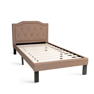Poundex Twin Fabric Upholstered Bed Frame with 12 Slats in Brown Tan