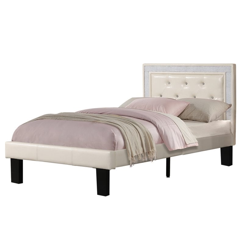 Poundex Furniture Twin Faux Leather Bed, Cream Twin Bed Frame