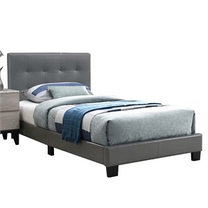 Poundex Furniture Twin Faux Leather Bed Frame with Slats in Gray