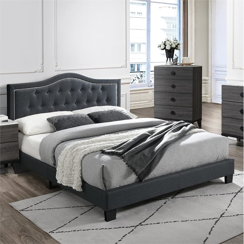 Poundex Twin Burlap Fabric Upholstered Bed Frame with Slats in Charcoal