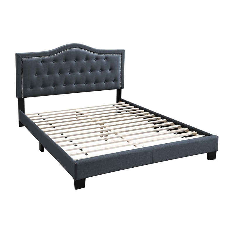 Poundex Twin Burlap Fabric Upholstered Bed Frame with Slats in Charcoal