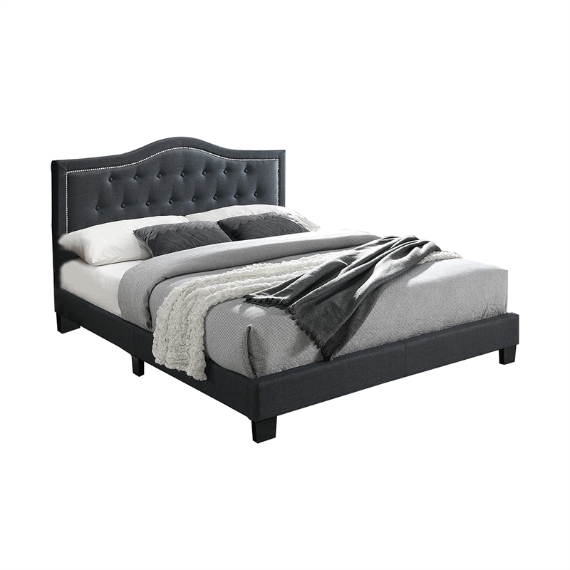 Poundex Twin Burlap Fabric Upholstered Bed Frame with Slats in Charcoal