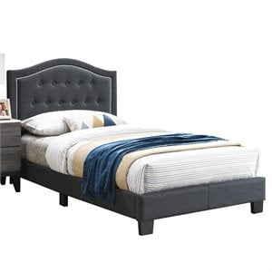 Poundex Twin Burlap Fabric Upholstered Bed Frame with Slats in Charcoal
