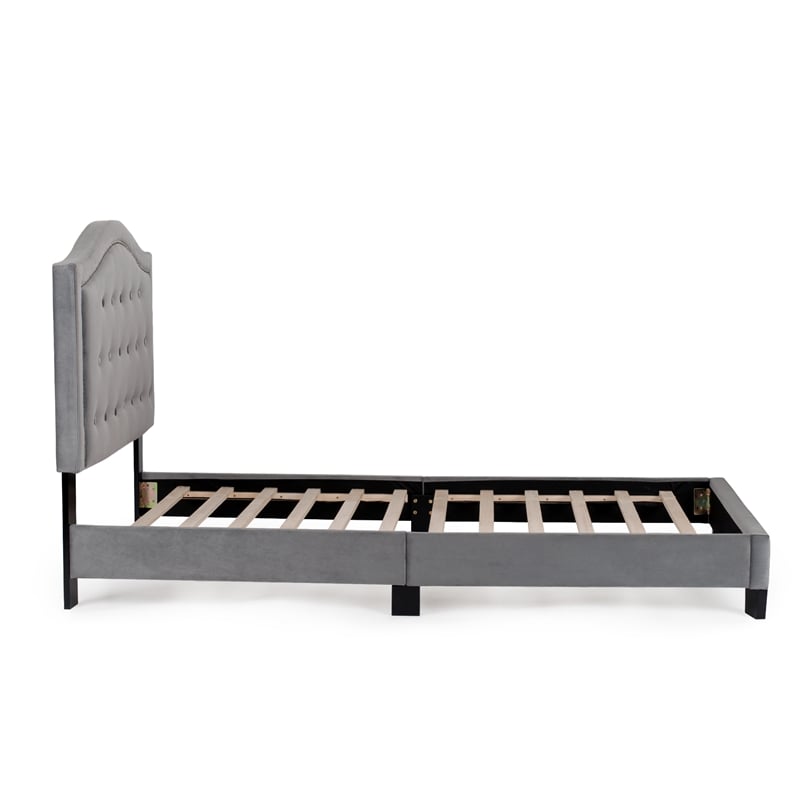 Poundex Twin Velvet Fabric Upholstered Bed Frame with Slats in Gray