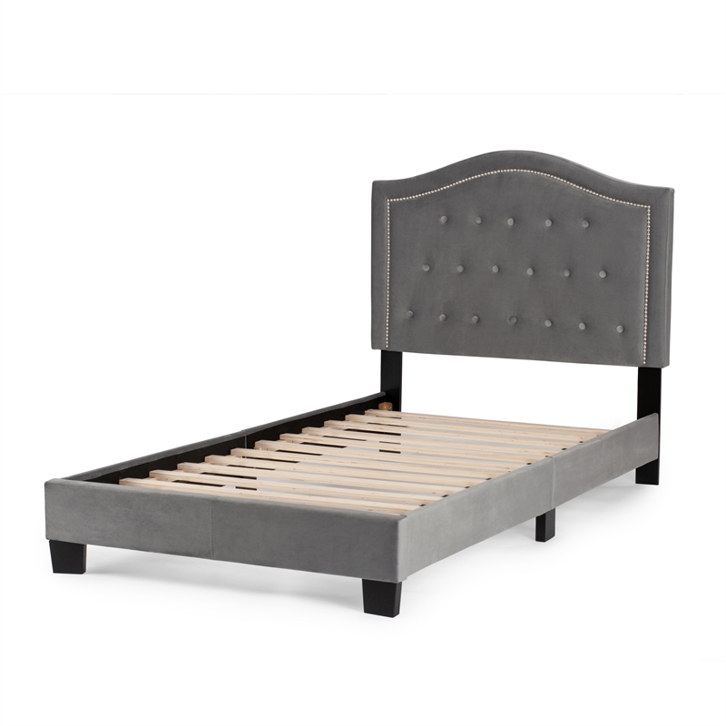 Poundex Twin Velvet Fabric Upholstered Bed Frame with Slats in Gray