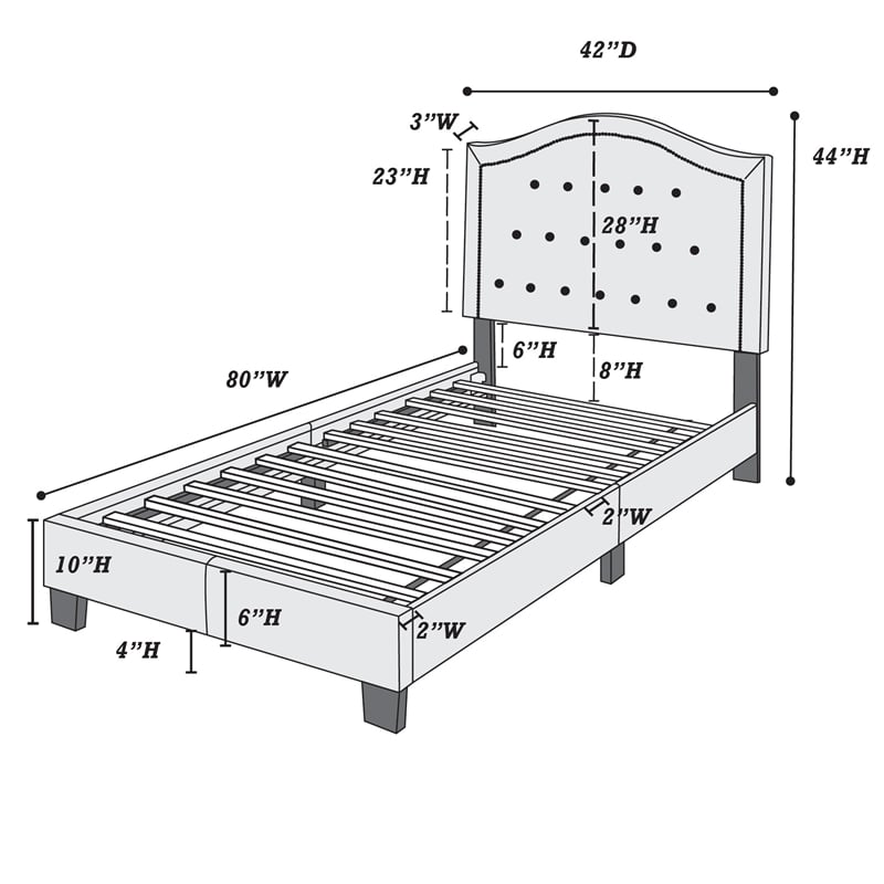 Poundex Twin Velvet Fabric Upholstered Bed Frame with Slats in Gray