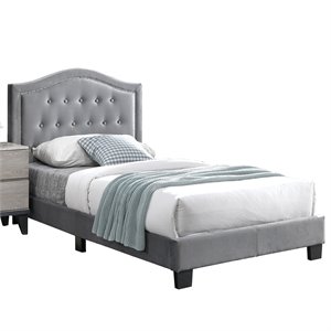 Poundex Twin Velvet Fabric Upholstered Bed Frame with Slats in Gray