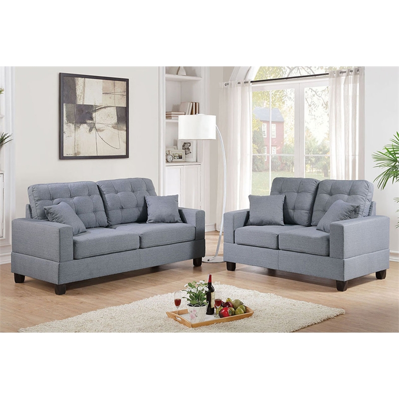 Poundex Furniture 2 Piece Fabric Sofa and Loveseat Set in Gray