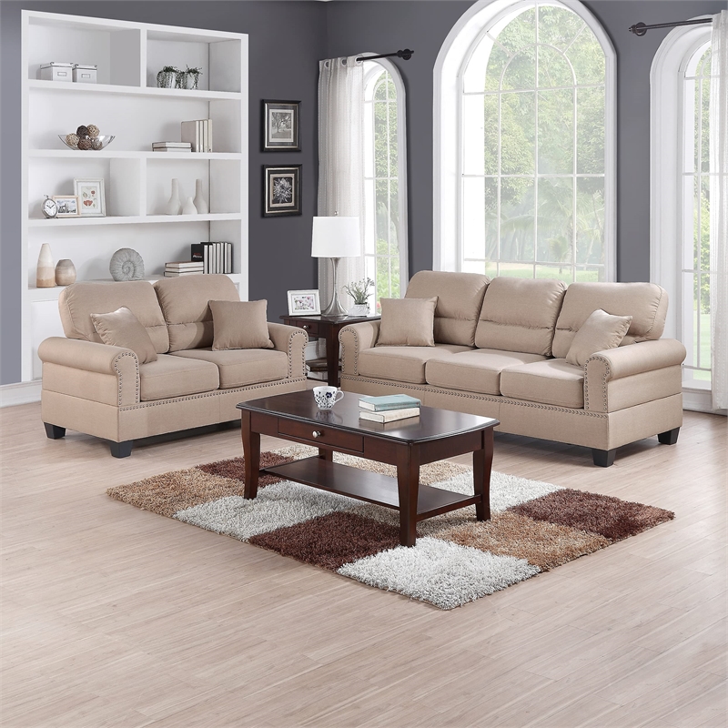 Poundex Furniture 2 Piece Fabric Sofa and Loveseat Set in Sand Tan Color