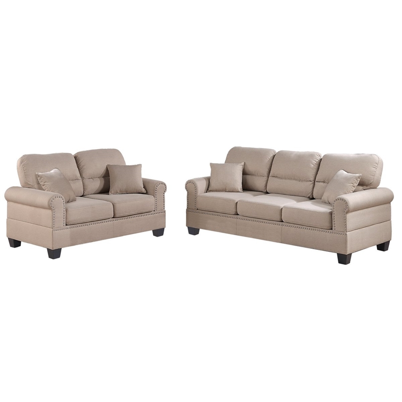 Poundex Furniture 2 Piece Fabric Sofa and Loveseat Set in Sand Tan Color