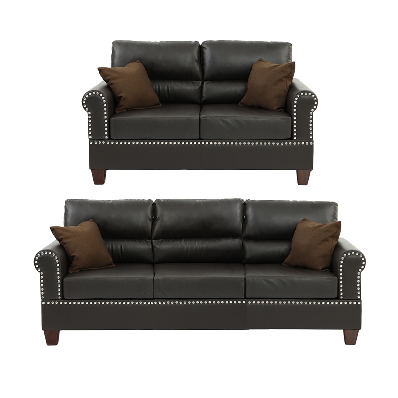 Poundex Furniture 2 Piece Faux Leather Sofa and Loveseat Set in Espresso Color