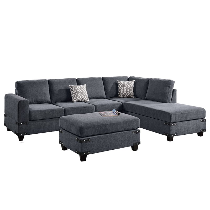 Poundex 3 Piece Fabric Sectional Sofa, 3pc Sectional Sofa Set With Ottoman