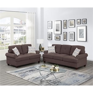 Poundex 2 Piece Chenille Sofa and Loveseat Set with Nailhead Trim in Dark Coffee