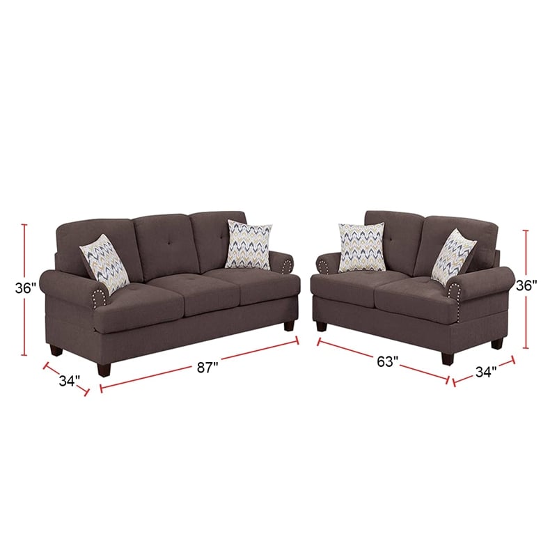 Poundex 2 Piece Chenille Sofa and Loveseat Set with Nailhead Trim in Dark Coffee