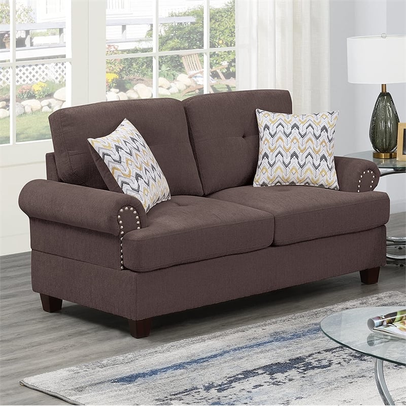 Poundex 2 Piece Chenille Sofa and Loveseat Set with Nailhead Trim in Dark Coffee
