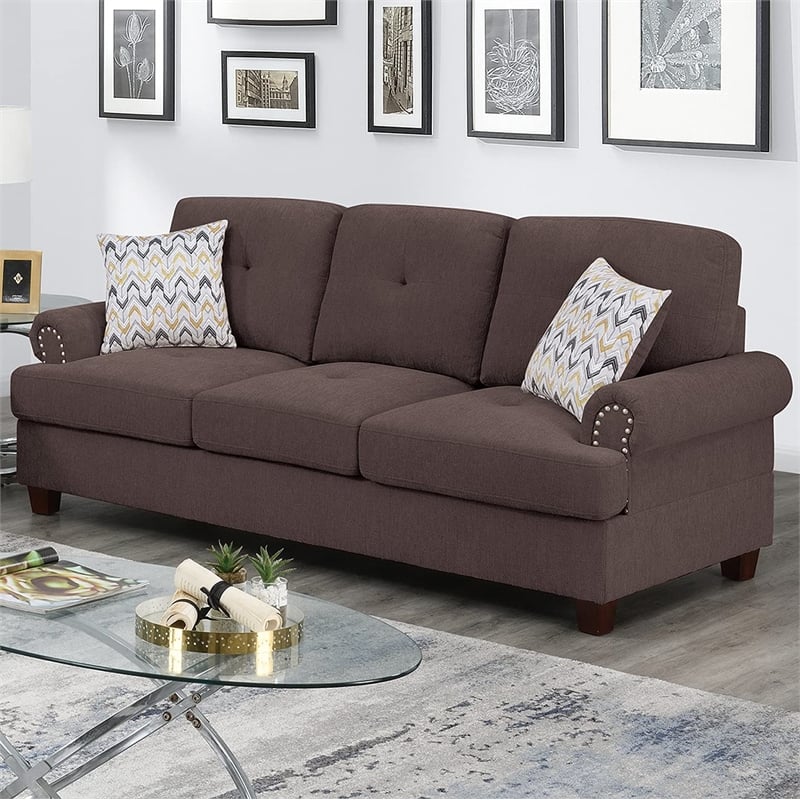 Poundex 2 Piece Chenille Sofa and Loveseat Set with Nailhead Trim in Dark Coffee