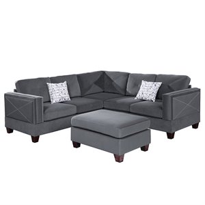 poundex 3 piece velvet fabric sectional sofa set with ottoman
