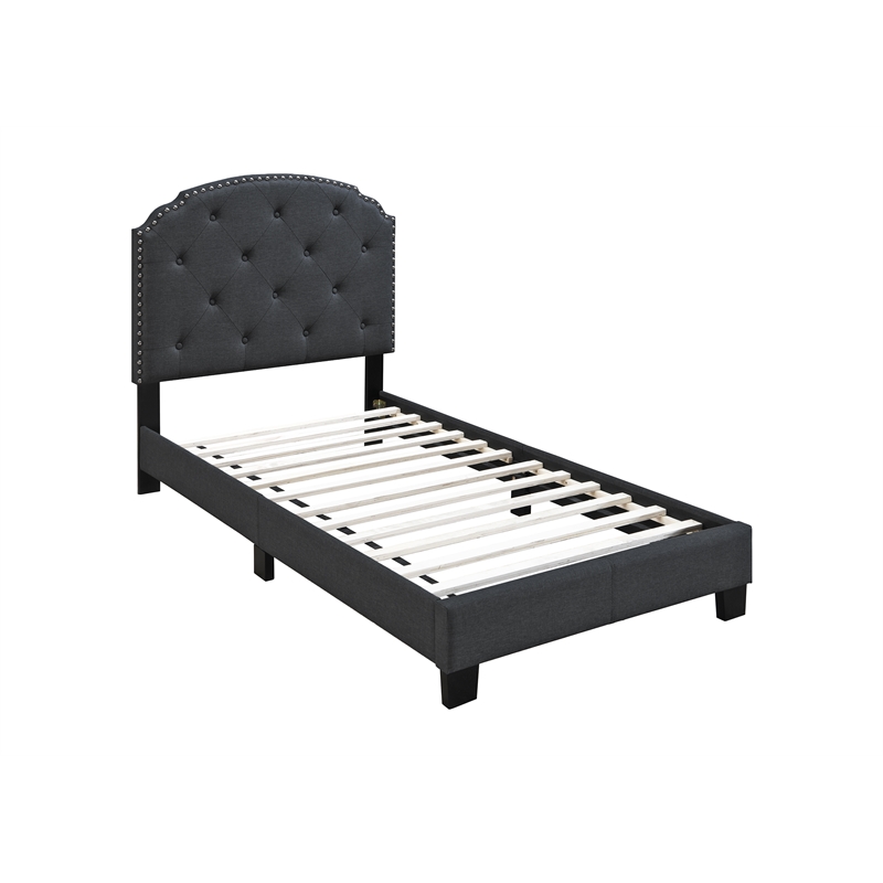 Poundex Twin Burlap Fabric Upholstered Bed Frame with Slats in Charcoal