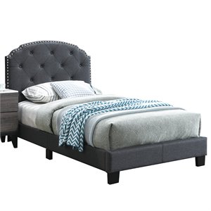 Poundex Twin Burlap Fabric Upholstered Bed Frame with Slats in Charcoal