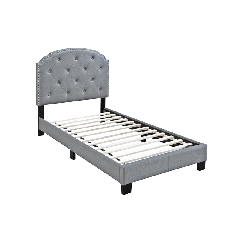 Poundex Twin Burlap Fabric Upholstered Bed Frame with Slats in Light Gray