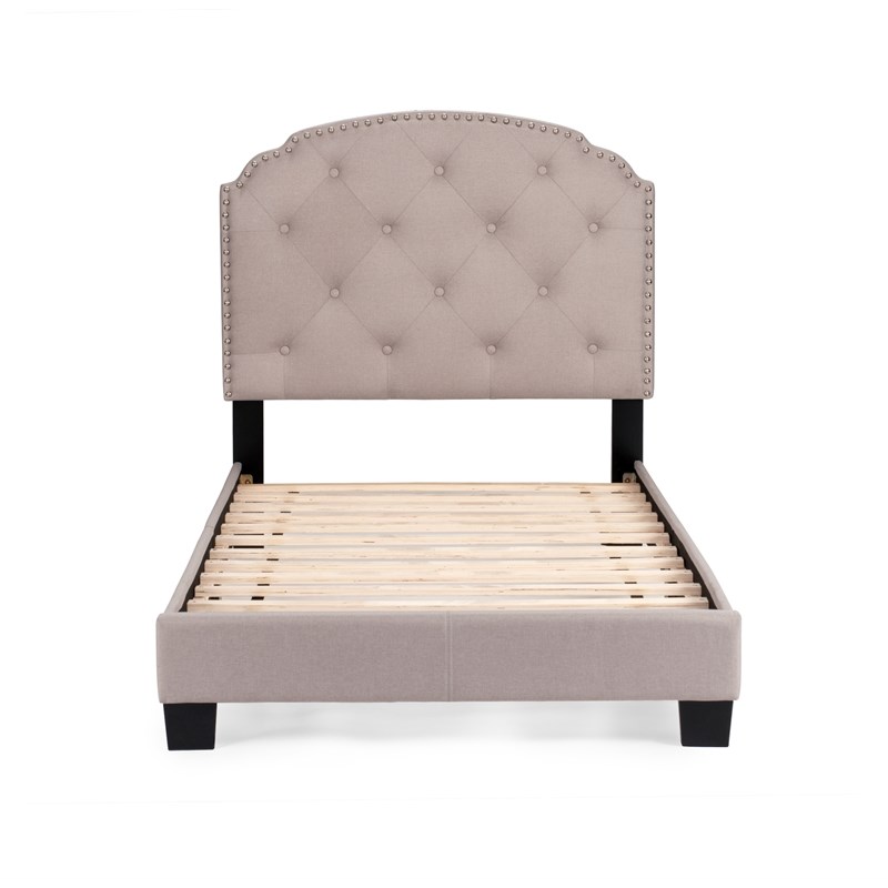 Poundex Twin Burlap Fabric Upholstered Bed Frame with Slats in Light Brown