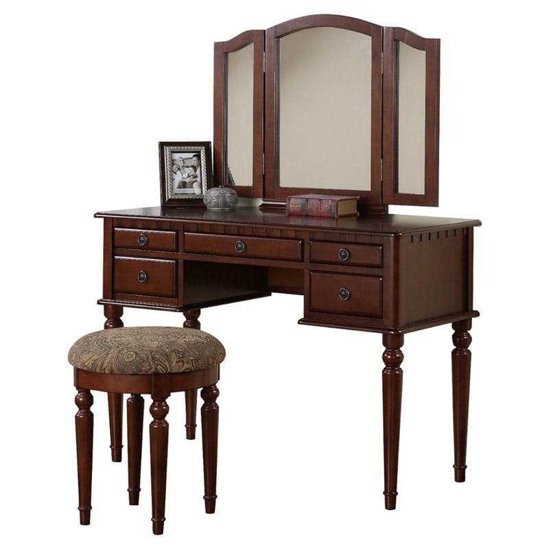 Poundex Furniture Wood Vanity Set with Mirror and Stool in Cherry Color