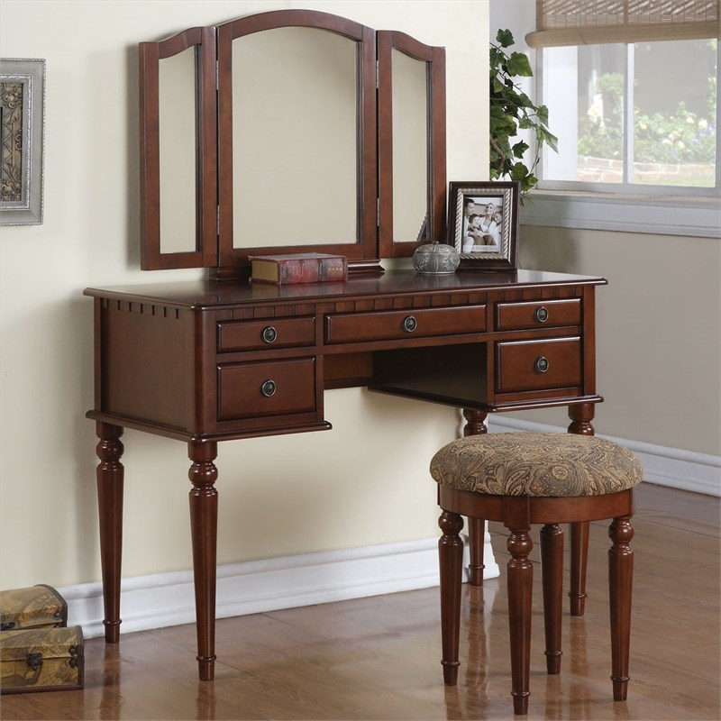Poundex Furniture Wood Vanity Set with Mirror and Stool in Cherry Color