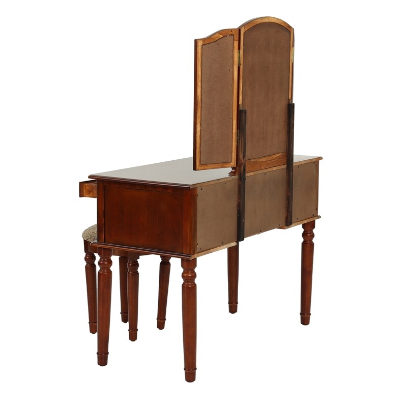 Poundex Furniture Wood Vanity Set with Mirror and Stool in Cherry Color