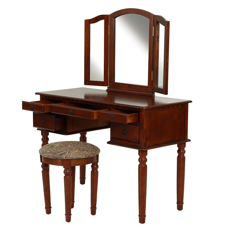 Poundex Furniture Wood Vanity Set with Mirror and Stool in Cherry Color