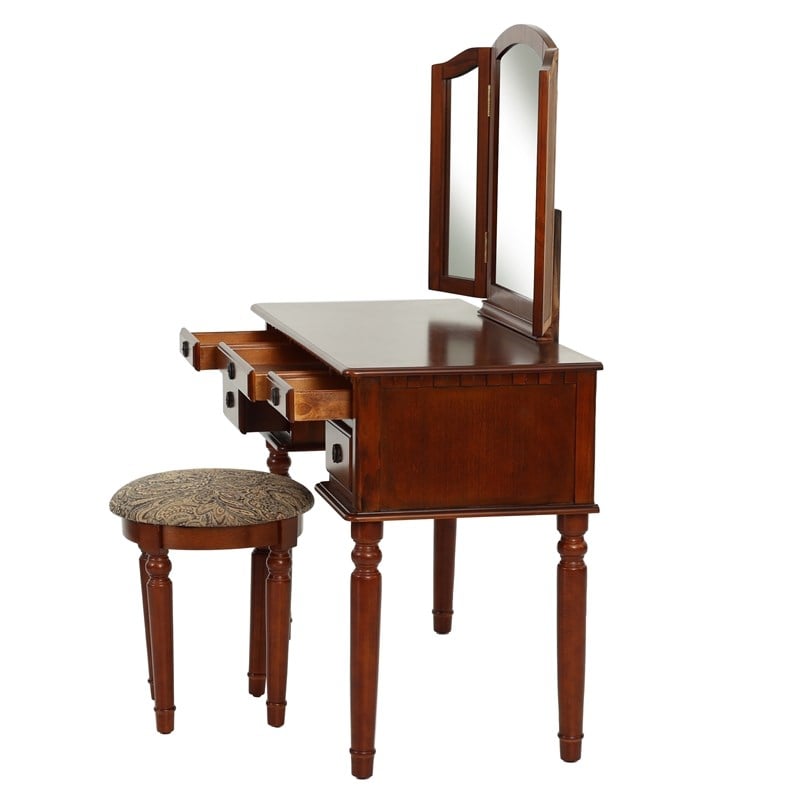 Poundex Furniture Wood Vanity Set with Mirror and Stool in Cherry Color